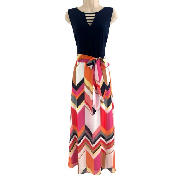 Roz & Ali Multi-Color Maxi Dress w/Tie Size 12 Wedding Special Occasion Party - Picture 3 of 8